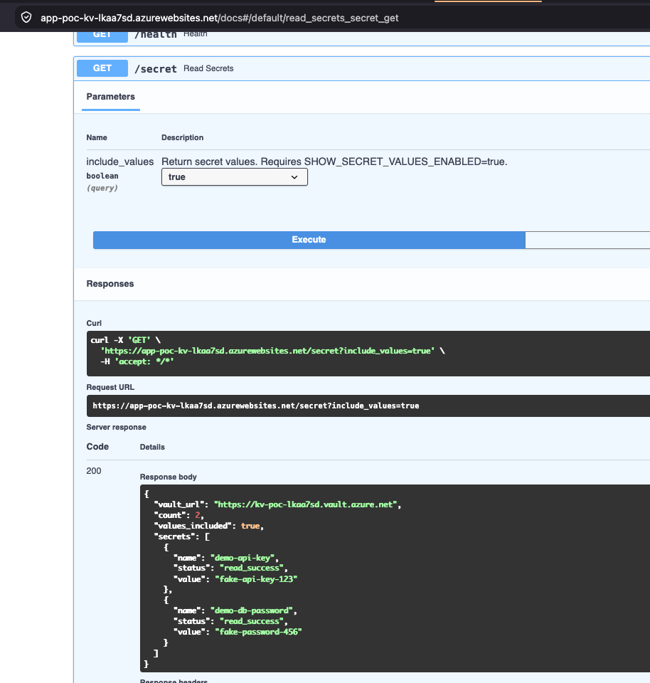 Swagger no App Service app-poc-kv-lkaa7sd.azurewebsites.net com GET /secret?include_values=true retornando 200 e os valores fictícios
