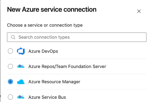 Tela New Azure service connection com a opção Azure Resource Manager selecionada