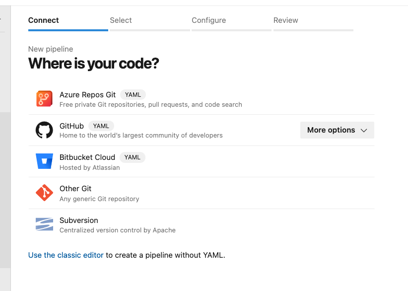 Tela New pipeline com a pergunta Where is your code? e as opções de repositório