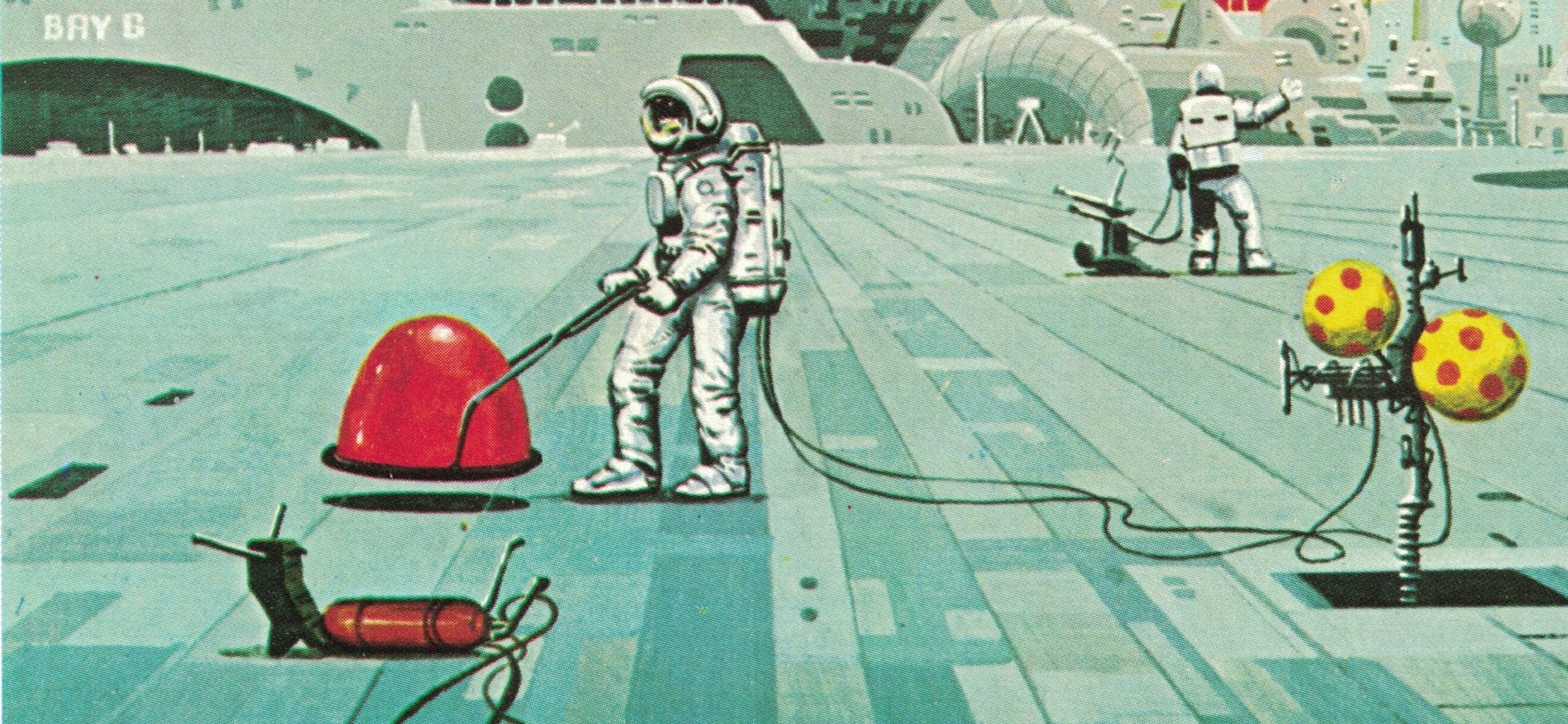 An astronaut stands on a big panelled spaceship runway, holding a hovering floor buffer shaped like a big shiny red gumdrop. Cords attached the buffer to a widget that is coming out of a panel on the runway that weirdly has two yellow balls with red spots on it.