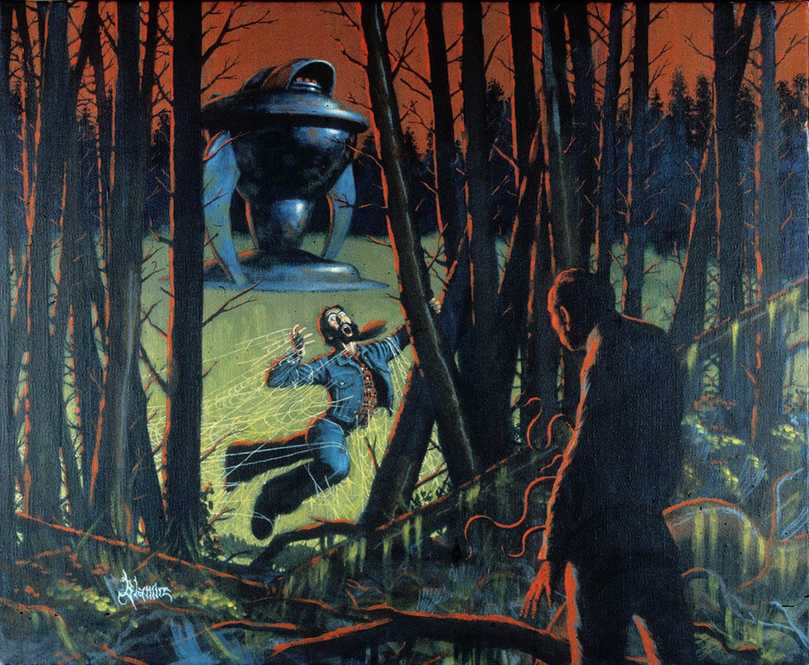 A shadowy figure with tentacles emerging from his stomach watches as a man struggles in spiderwebs in a forest. Behind the man is a spaceship that has landed in a clearing.