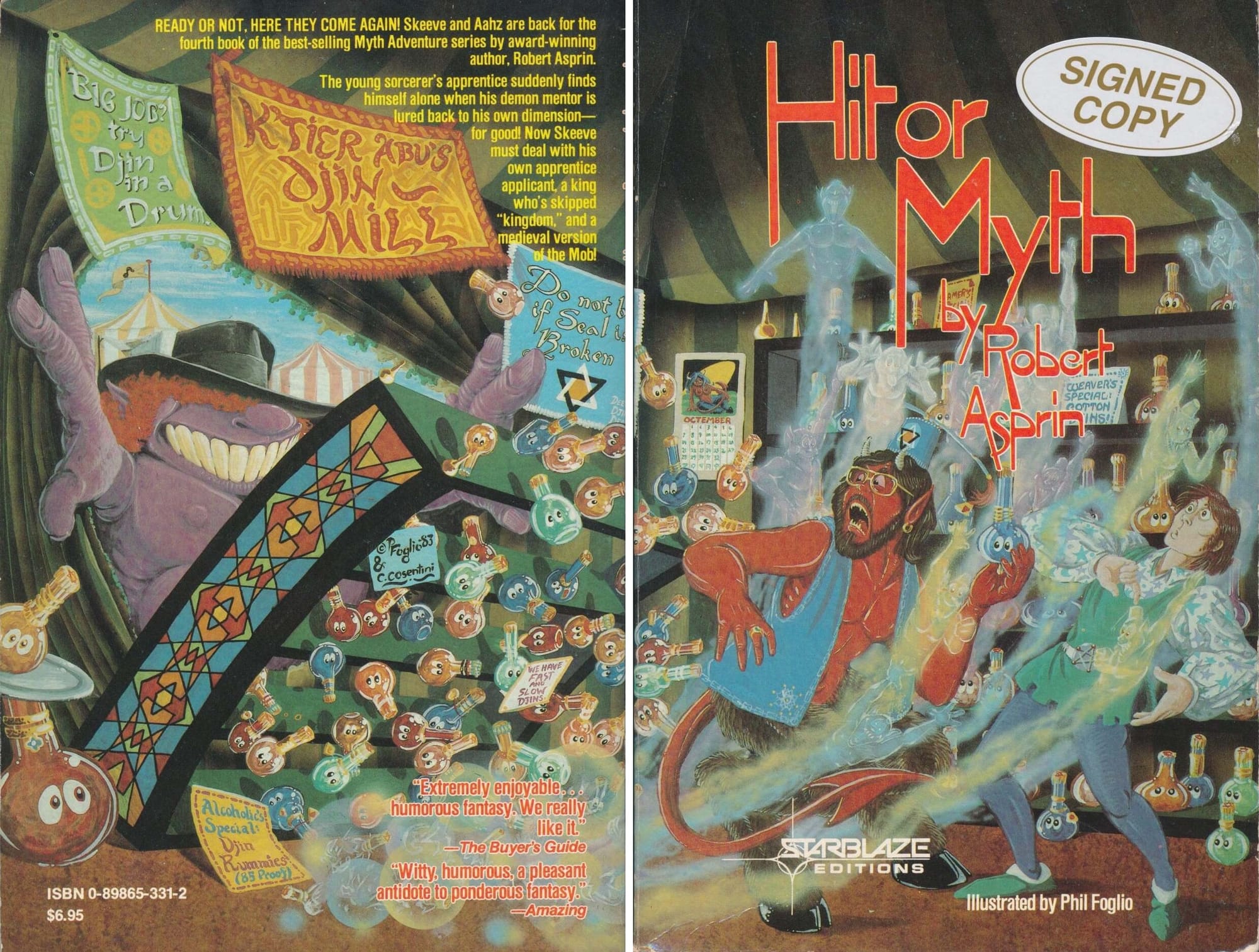 A bearded demon with glasses and a guy in a tunic are in a tent labelled “K’tier Abu’s Djin Mill.” They react in horror as a cloud of djins escape their bottles, since a shelf of them has been knocked over by a wide, purple, smiling guy in a black hat that has burst through the back of the tent.