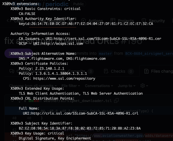 X.509 extensions section including

Basic Constraints (critical): CA:FALSE
Authority Key identifier: base64 encoded string
Authority Information Access: CA and OCSP information
Subject Alternative Name:
 DNS:*.flightaware.com,DNS:flightaware.com
Certificate Policies: OIDs referencing CA policy documents
Extended Key Usage: Web Client, Web Server
CRL distribution points: <url>
Subject Key identifier: base64 encoded string
Key Usage (critical): Digital Signature, Key Encipherment