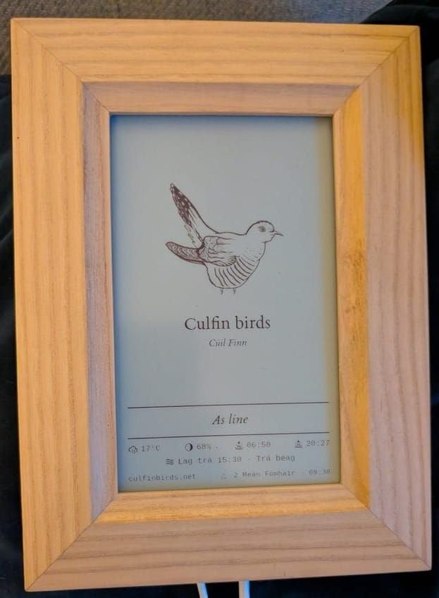 The finished product: a broad wooden rectangular frame with the "Culfin birds" screen displaying the slightly grumpy looking Culfin Cuckoo