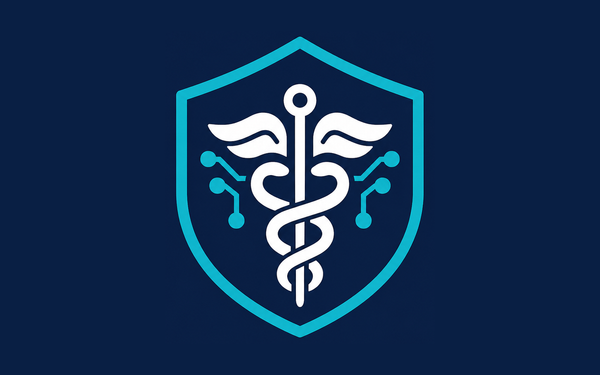 Medical and cybersecurity shield emblem on a navy field.