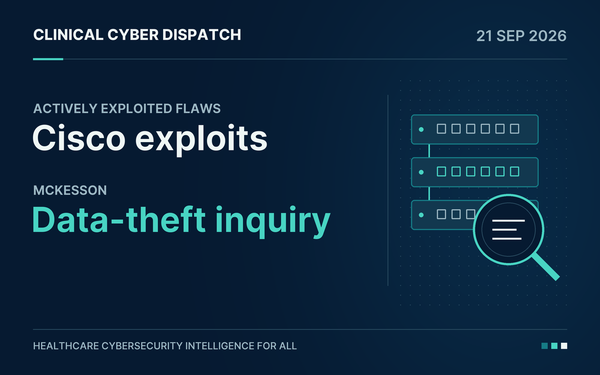 Clinical Cyber Dispatch, September 21, 2026. Actively exploited Cisco flaws and McKesson's data-theft investigation. Abstract network equipment and a magnifying lens on navy and teal.