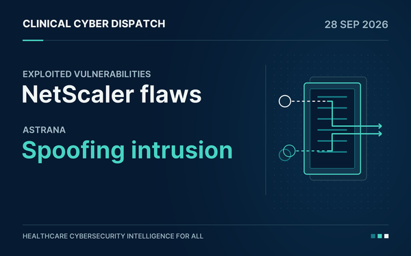 Clinical Cyber Dispatch, September 28, 2026. Exploited NetScaler flaws and Astrana's spoofing-led intrusion. Abstract network gateway with two incoming routes on navy and teal.