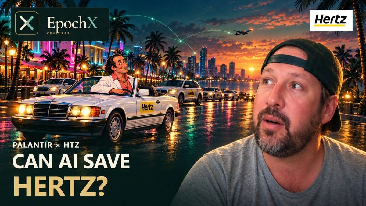 EpochX — Can AI save Hertz? Phillip Braunstein beside a Hertz Quest scene in Miami, with Palantir × HTZ.