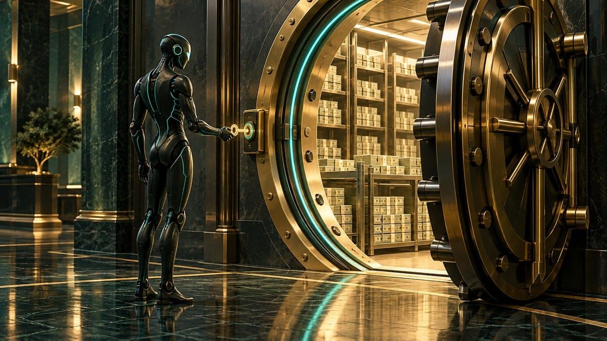 AI-generated illustration of an AI agent presenting a glowing key at a brass bank vault containing banknotes.