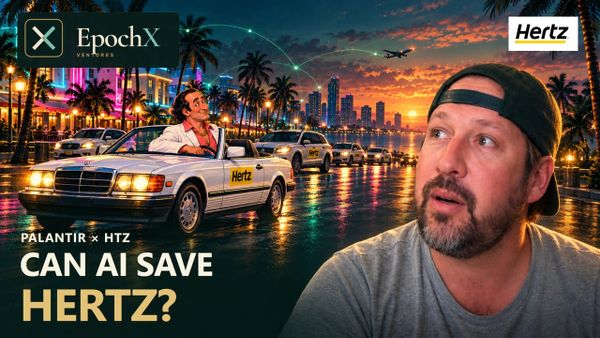 EpochX — Can AI save Hertz? Phillip Braunstein beside a Hertz Quest scene in Miami, with Palantir × HTZ.