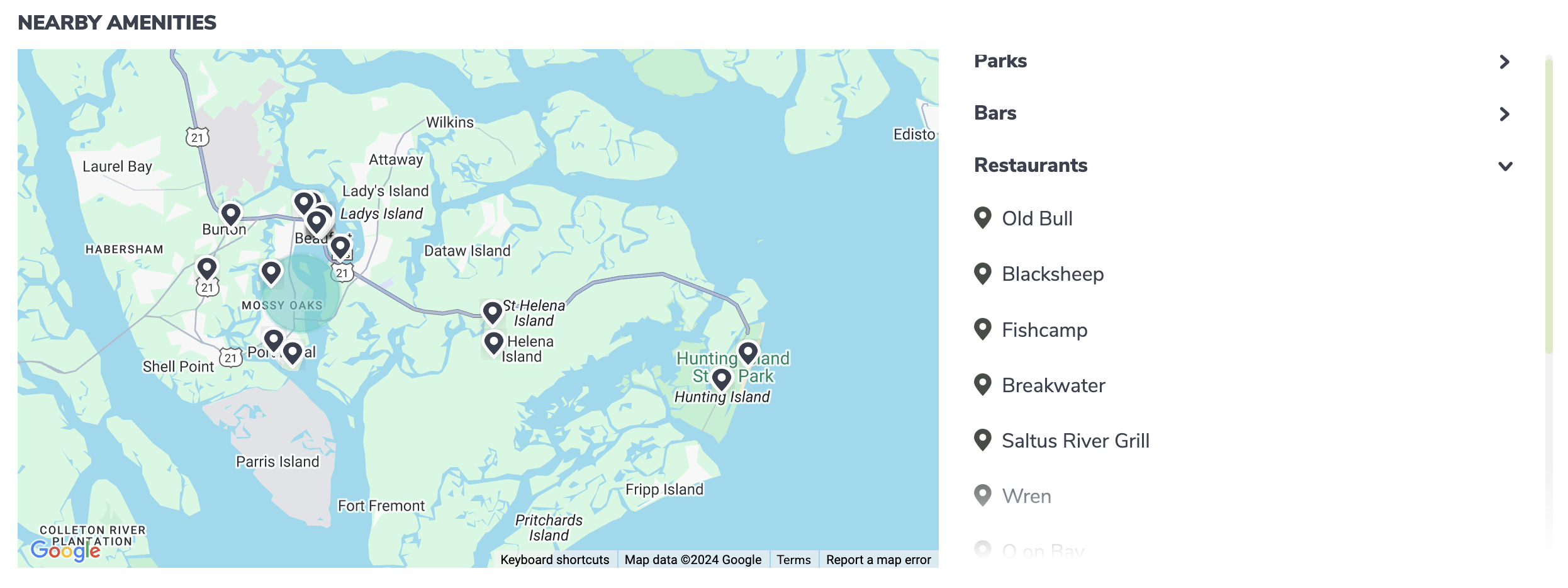 A map of coastal Carolina with nearby amenities such as parks, bars, and popular restaurants.