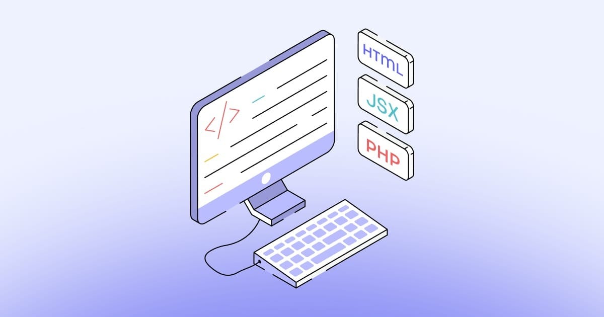 A desktop computer and keyboard showing technical documentation in HTML, JSX, and PHP.