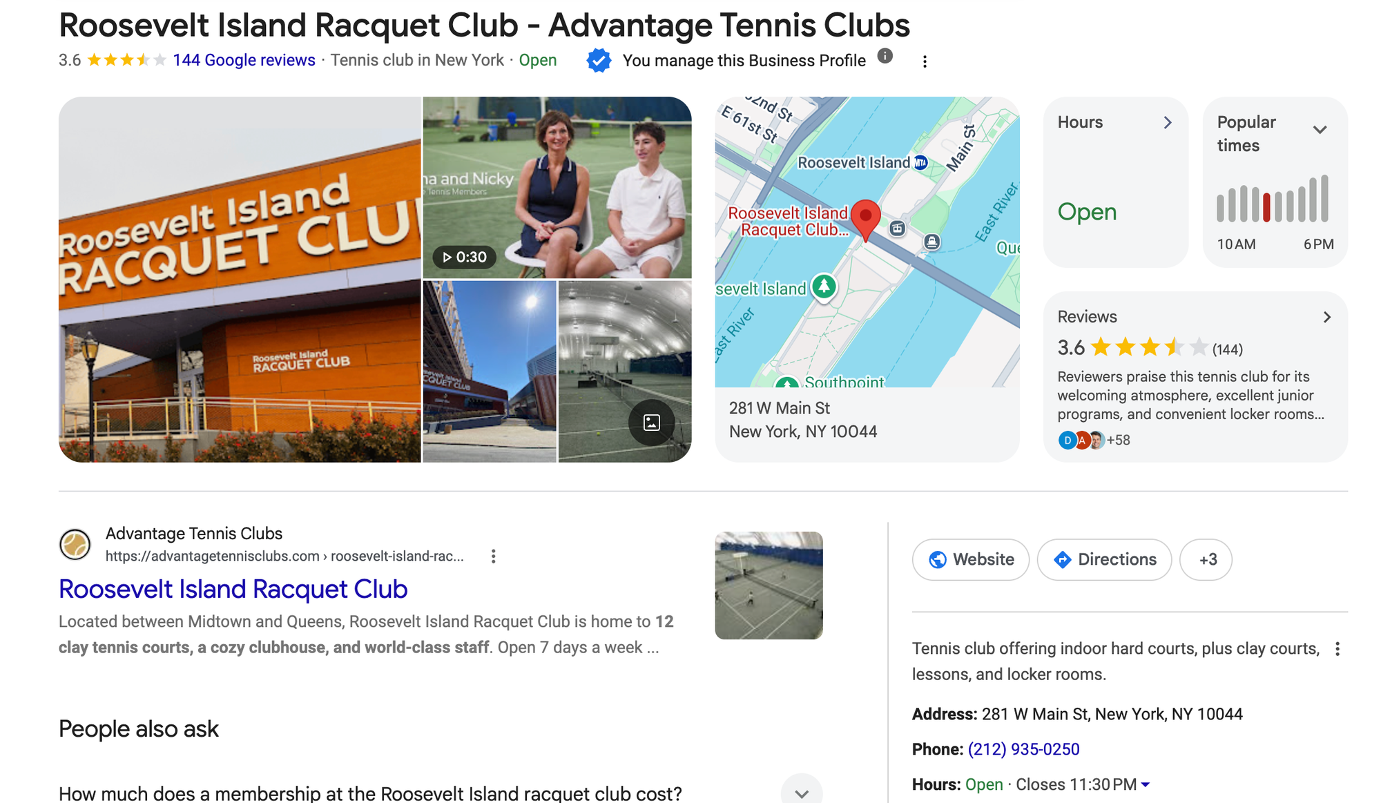 The Google Business knowledge panel for Roosevelt Island Racquet Club in New York City.