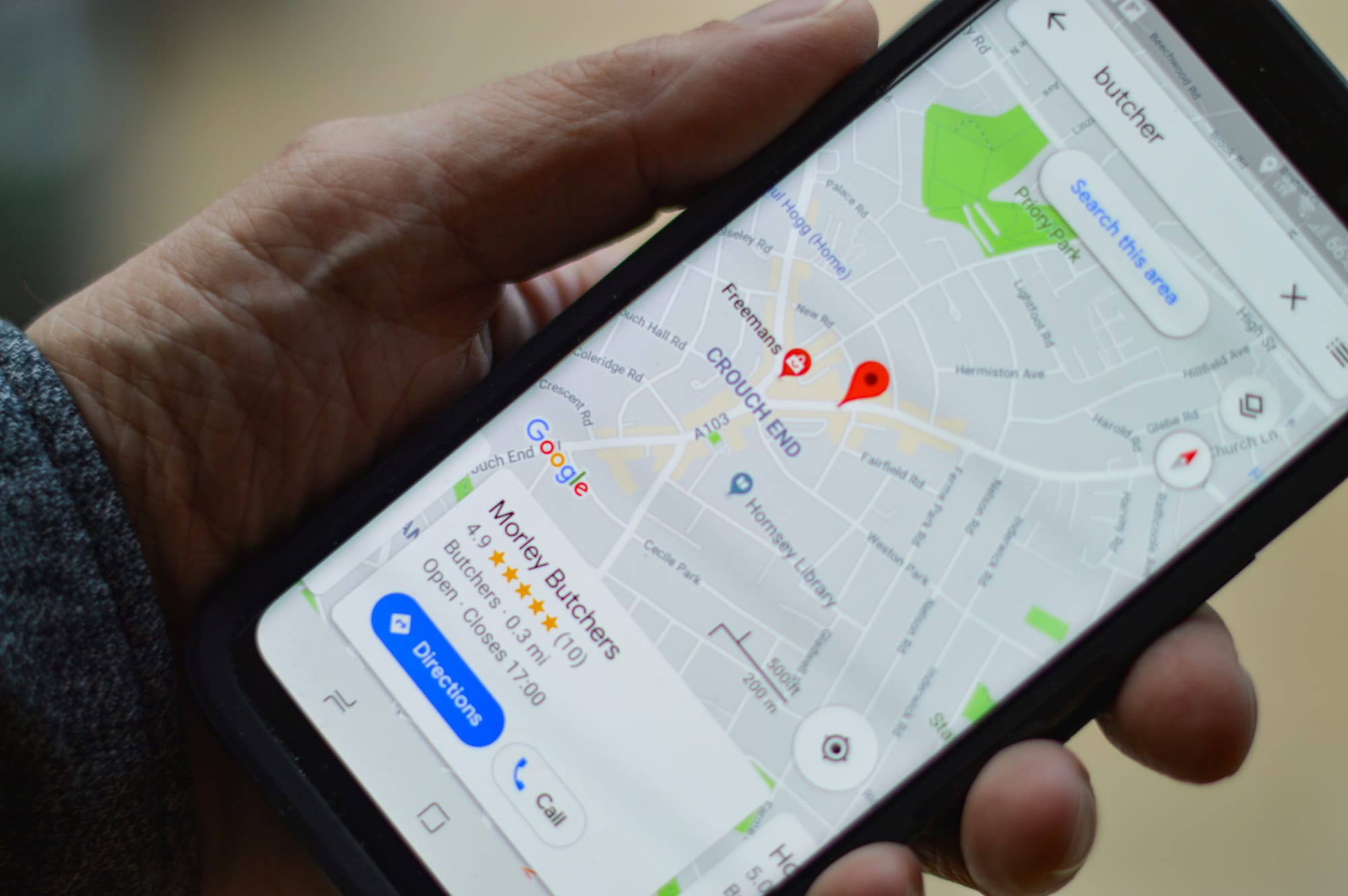 A Google Business profile snippet and map location for Morley Butchers.