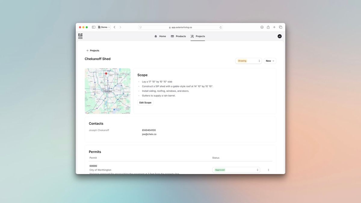 A web-based building project management dashboard for the Exterior Living Company.