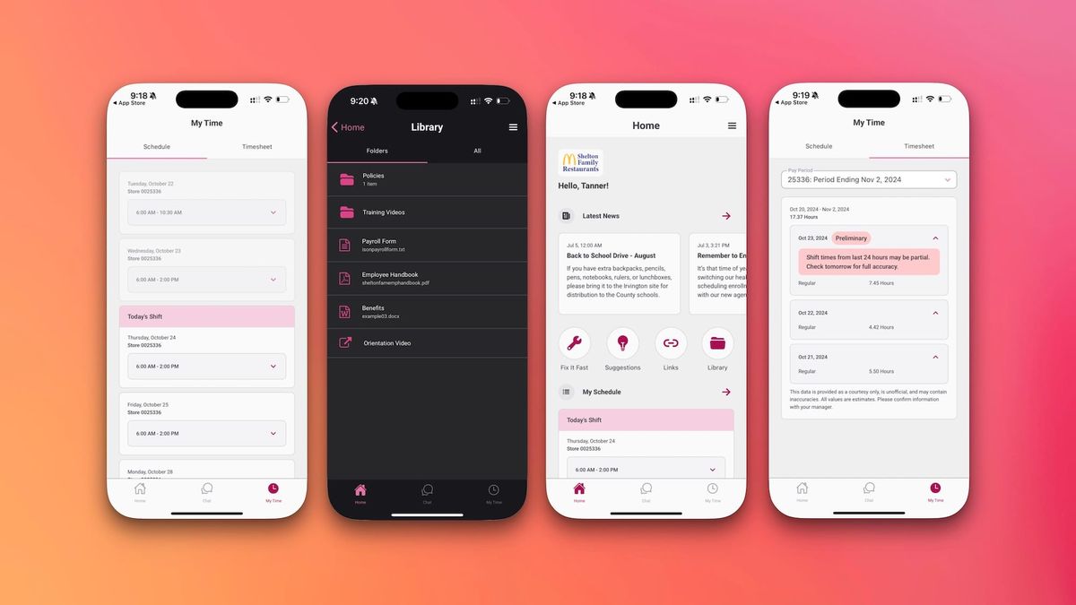 Four mobile devices displaying the Small Software mobile app, an employee management solution by Chek Creative.
