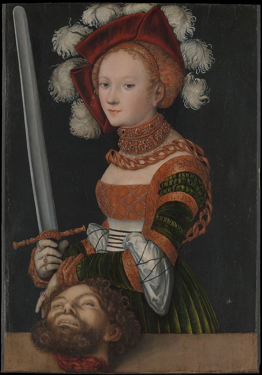 Judith with the Head of Holofernes, Lucas Cranach the Elder (German, Kronach 1472–1553 Weimar), Oil on linden