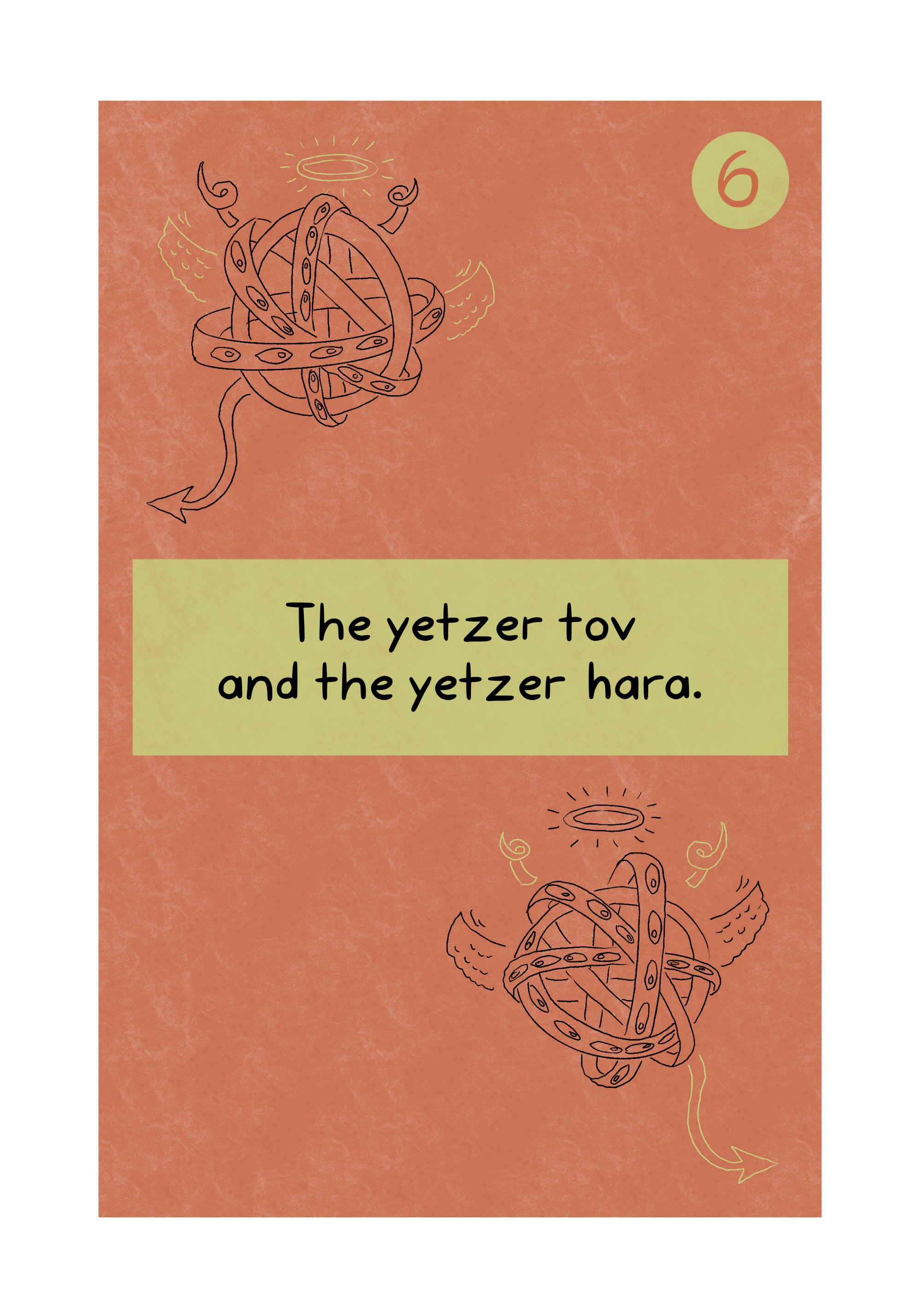 A chapter cover titled "The Yetzer Tov and the Yetzer Hara." The chapter is numbered 6, and the artwork features black line drawings of biblical depictions of an angel and a demon. The one in the top left has horns and a sharp tail, adorned with a yellow line drawing of a halo and wings. The one in the bottom right has a halo and wings, adorned with a yellow line drawing of horns and a sharp tail.