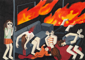 Expressionist-style painting of people with their hands bound, killed, house on fire