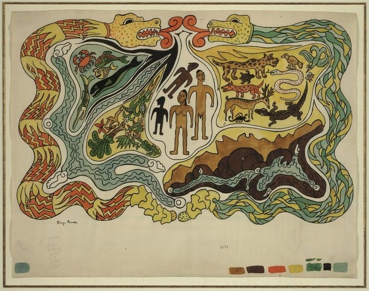 Human beings surrounded by primordial snakes and with beasts and sea creatures and plants in the middle 