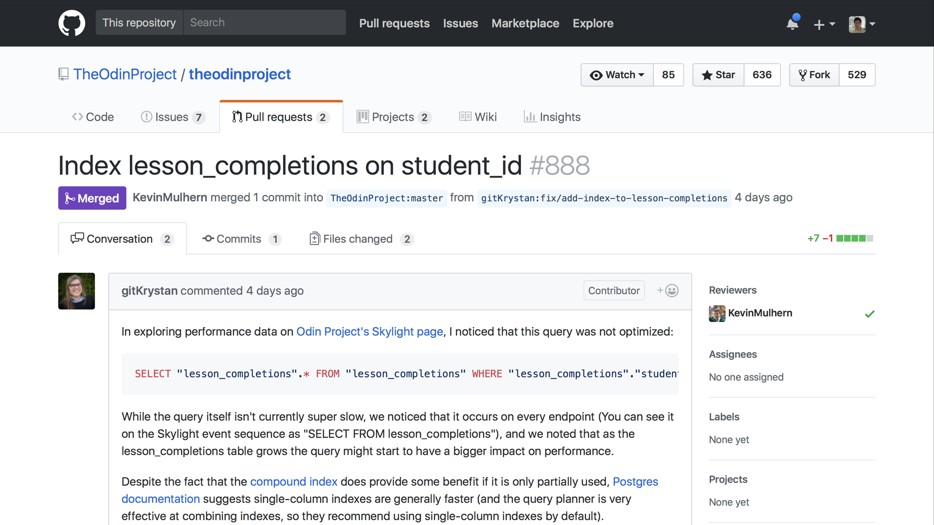 Github PR for Odin Project Slow Query