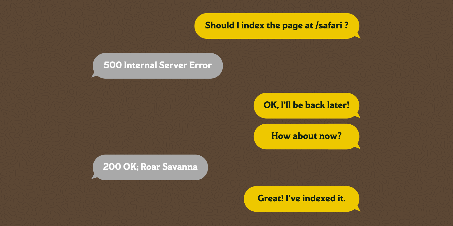 A text message chain between the Google crawler and a server. The crawler asks "Should I index the page at /safari ?" The server responds with "500 Internal Server Error" The crawler says it will be back later, then "How about now?" The server now responds with "200 OK; Roar Savanna" and the crawler responds with "Great! I've indexed it."