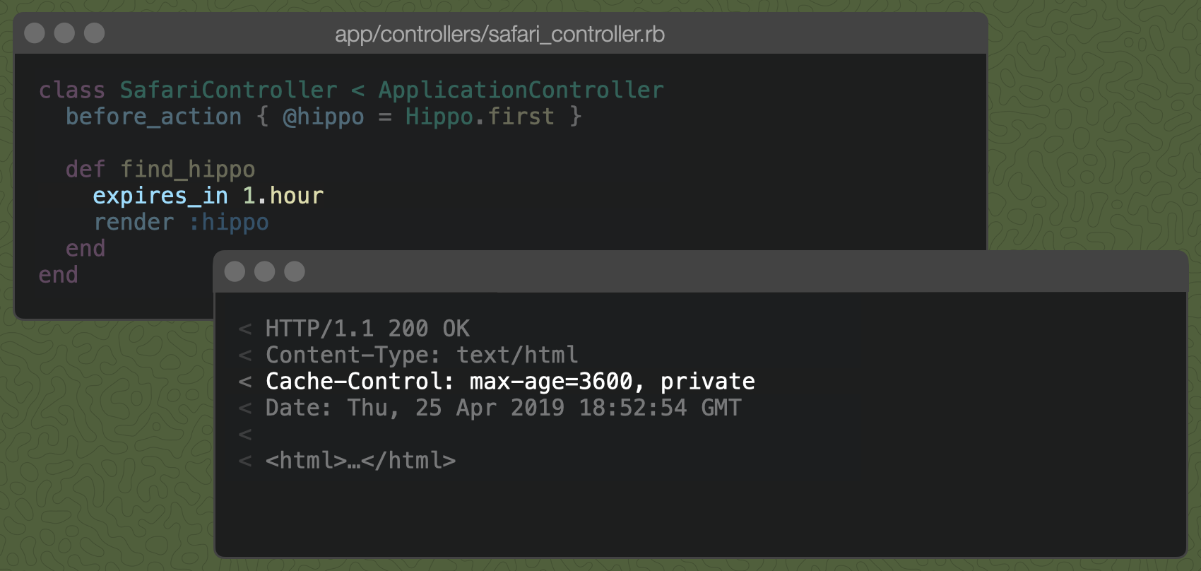 A controller action with expires_in 1.hour and the resulting Cache-Control header, set to max-age=3600