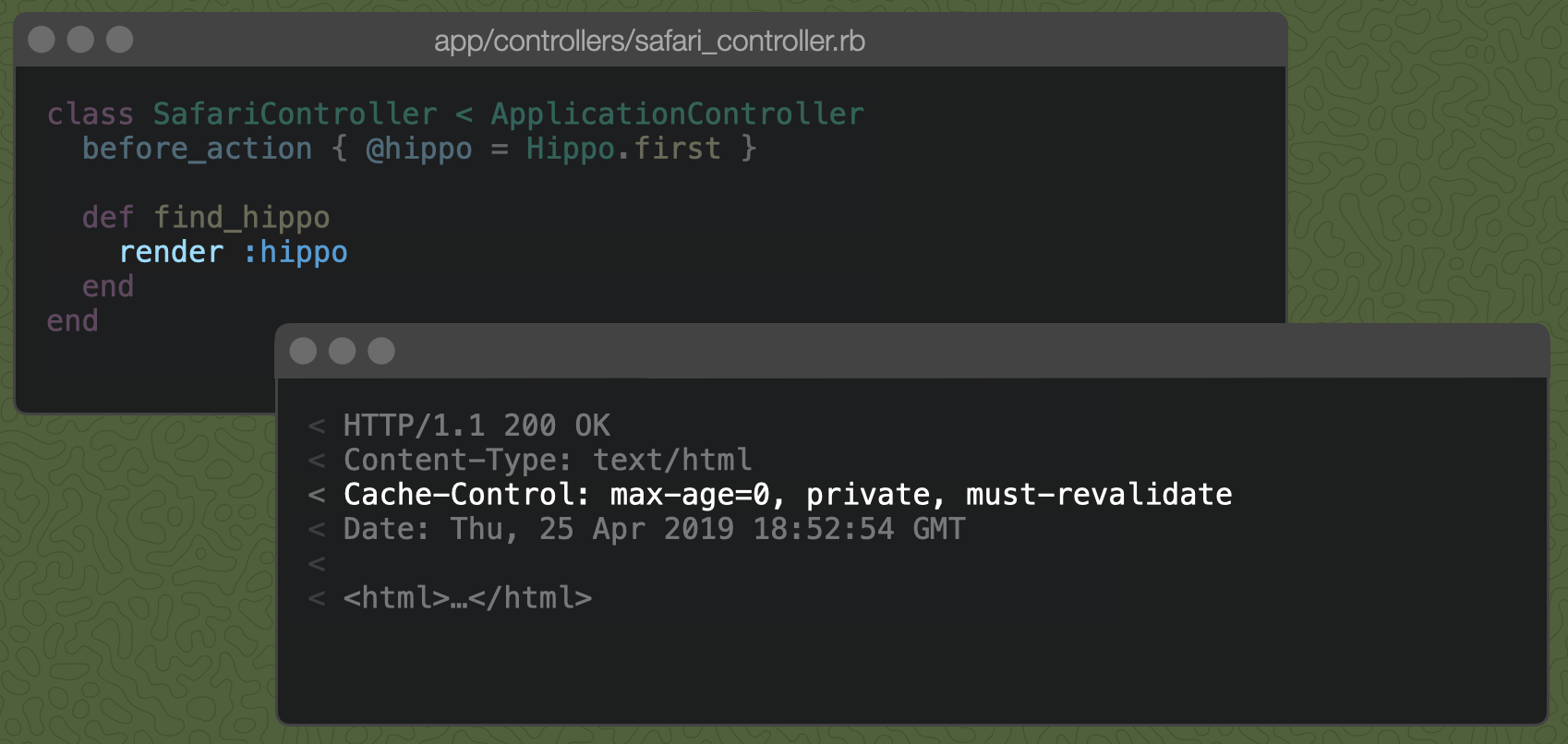A Rails controller action with just render :hippo and the resulting Cache-Control header, described below.