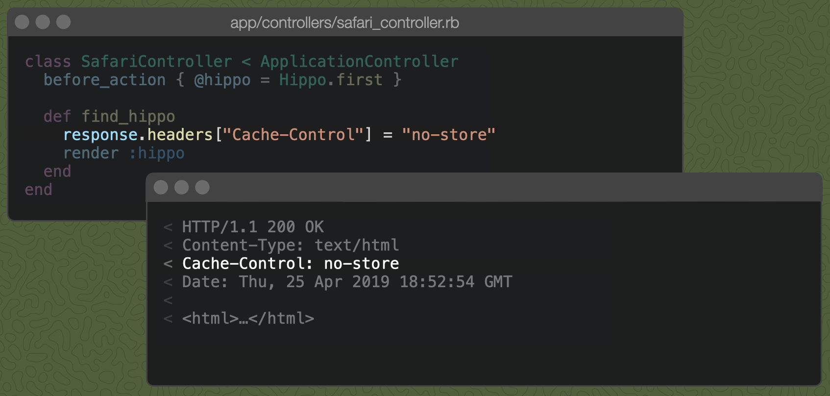 A Rails controller action with `response.headers["Cache-Control"] = "no-store" and the resulting Cache-Control header: no-store