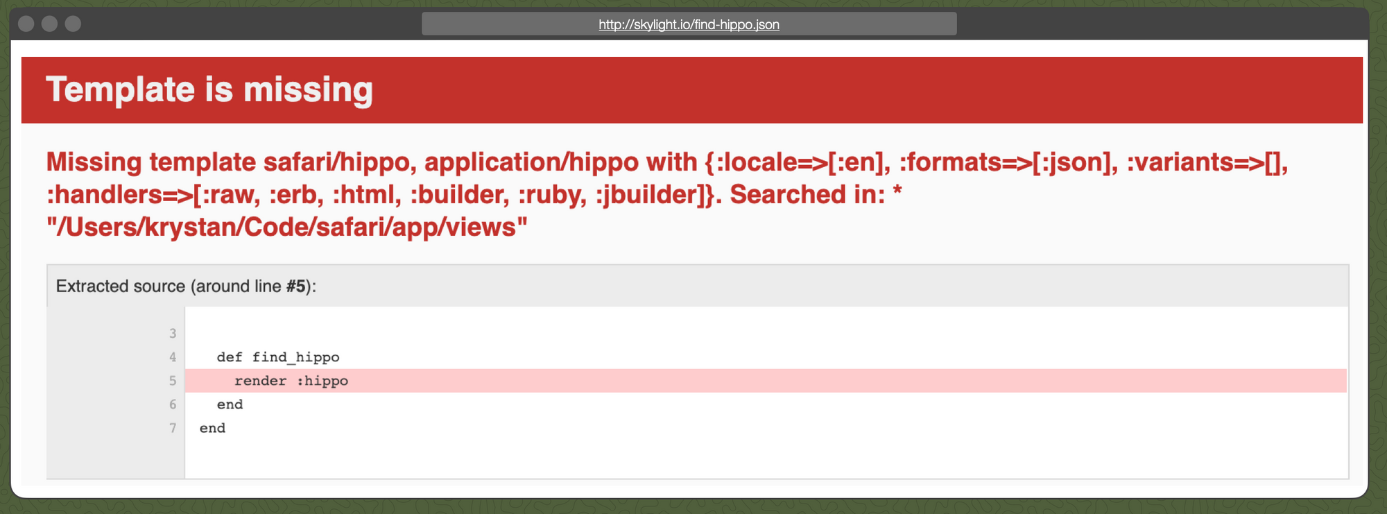 The "Template is missing" error page from Rails.