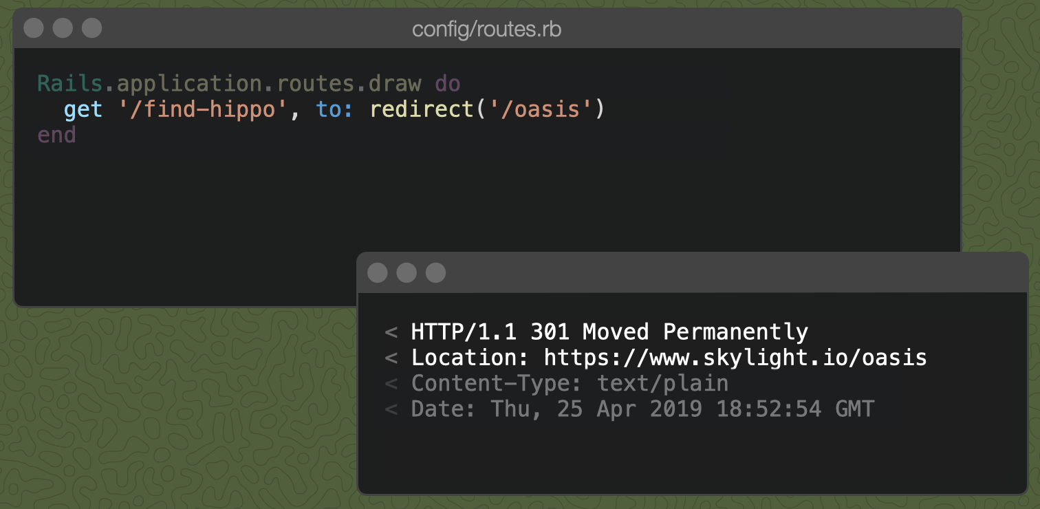A Rails router with `get '/find-hippo', to: redirect('/oasis')` and the resulting 301 Moved Permanently response.