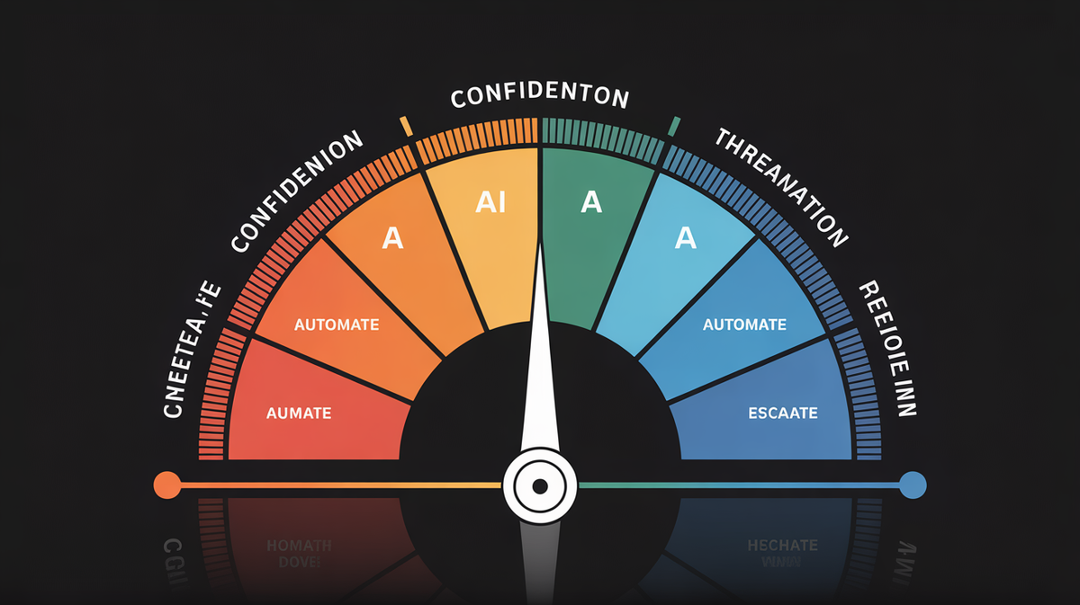 Abstract illustration of AI confidence threshold spectrum between autonomous automation and human escalation zones