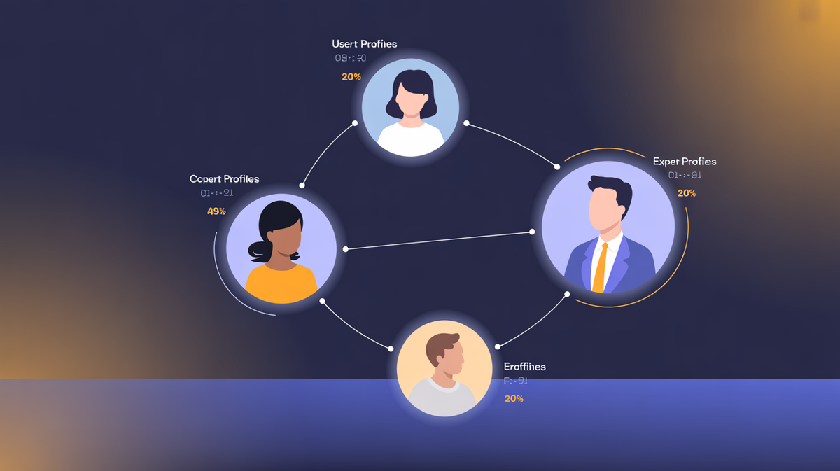 Abstract illustration of AI expert matching system connecting user profiles to expert profiles with confidence score halos