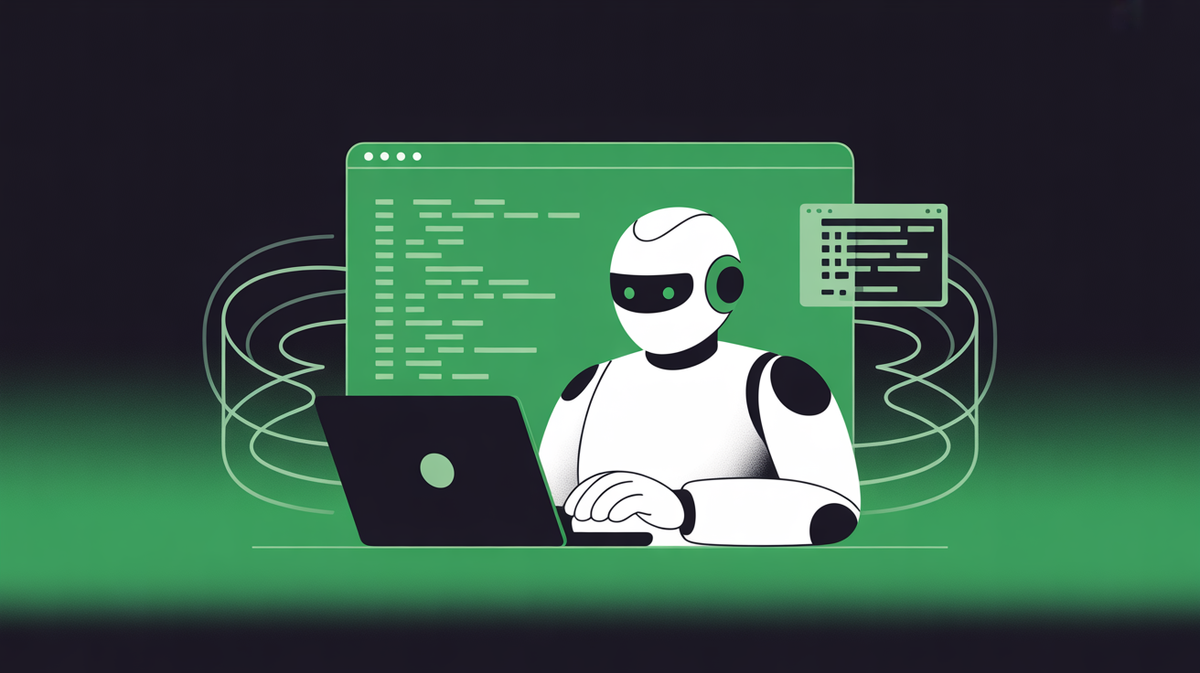 Abstract illustration of AI-native software development with terminal interface emanating creative code structures