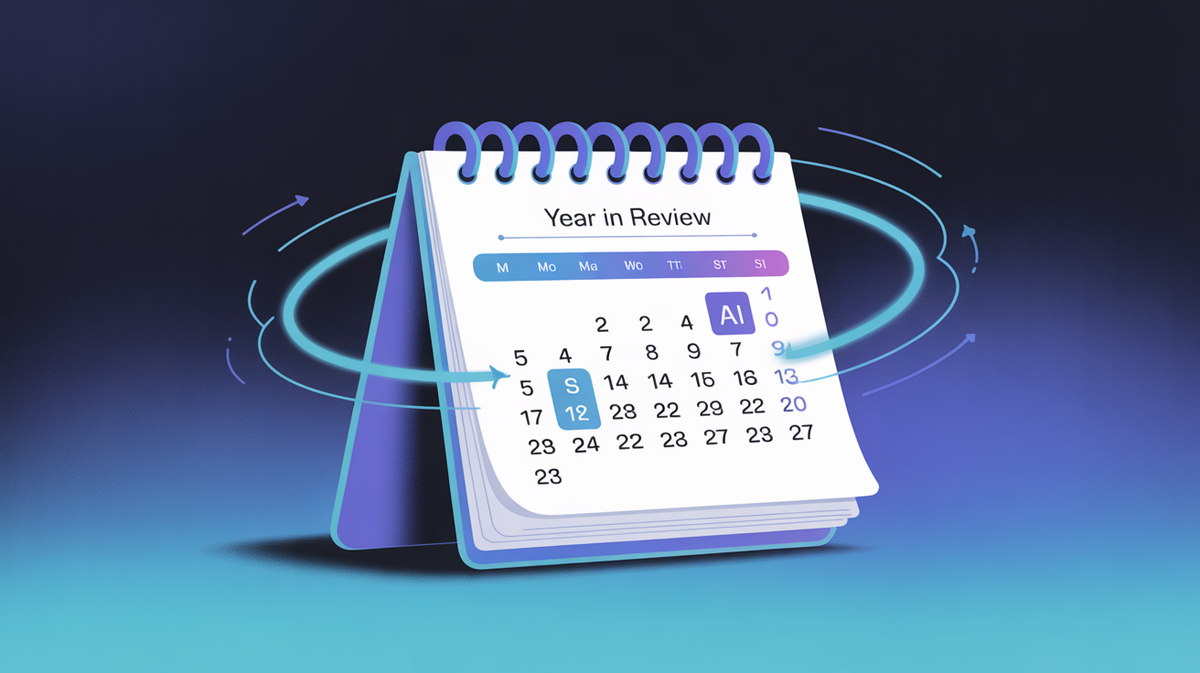 Abstract illustration of AI product management milestones and achievements through 2023 year-in-review timeline
