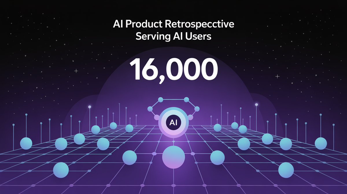 Abstract illustration of AI product serving 16,000 users with a vast constellation of user nodes around a central system