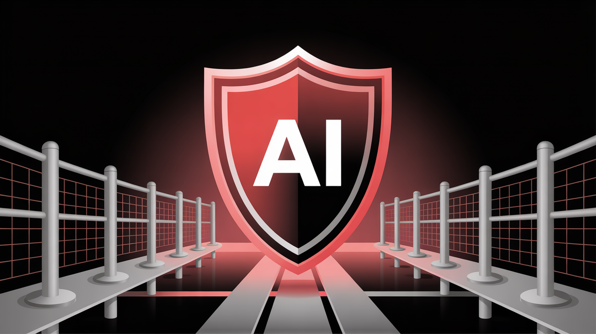Abstract illustration of AI safety guardrails in fintech with protective barriers around sensitive financial data flows