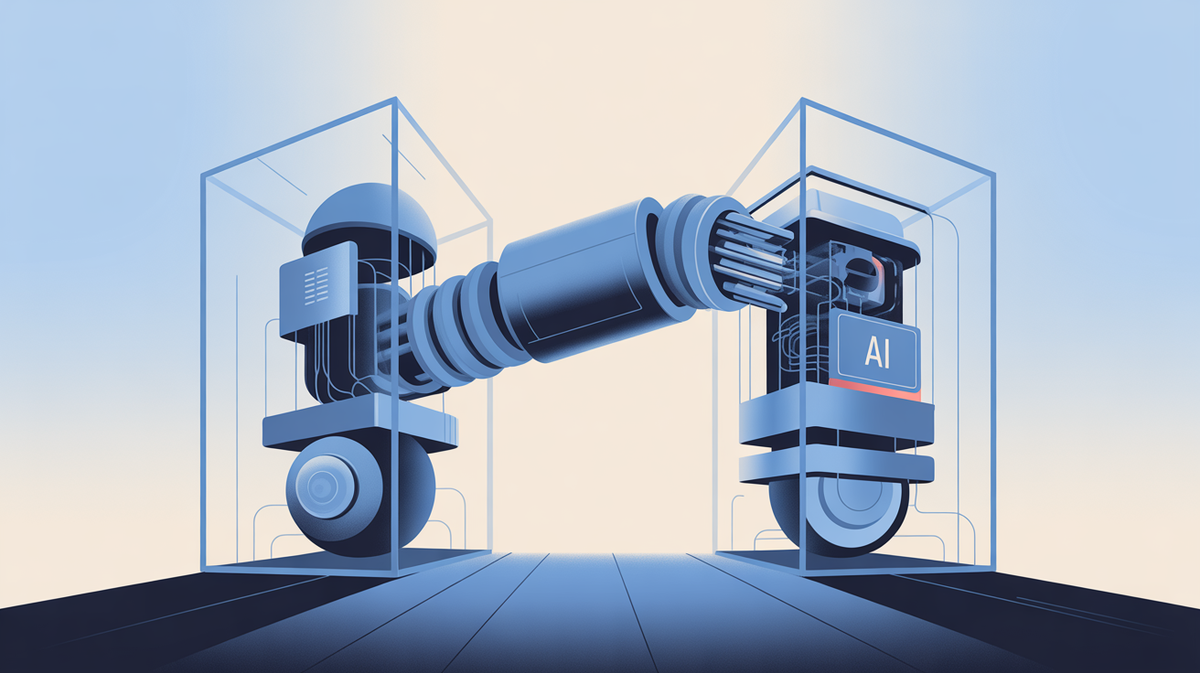 Abstract illustration of building trust in AI automated decisions with a transparent bridge between human and machine