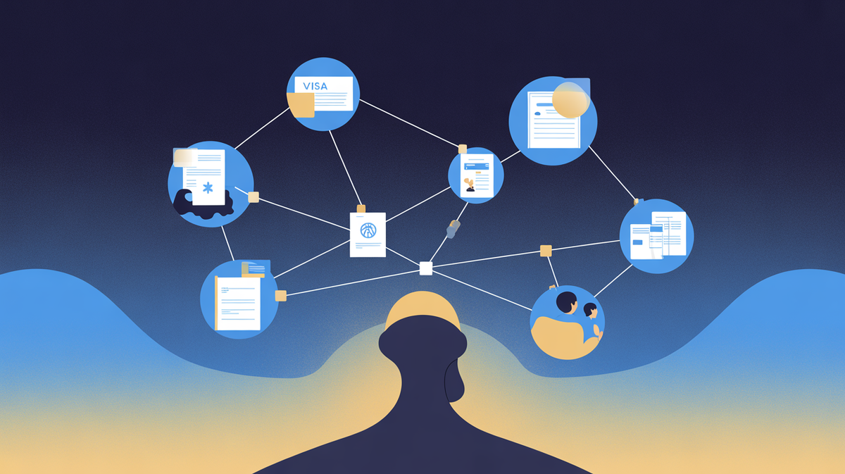 Abstract illustration of domain-specific knowledge graph with interconnected nodes representing visa, career, tax, and family data