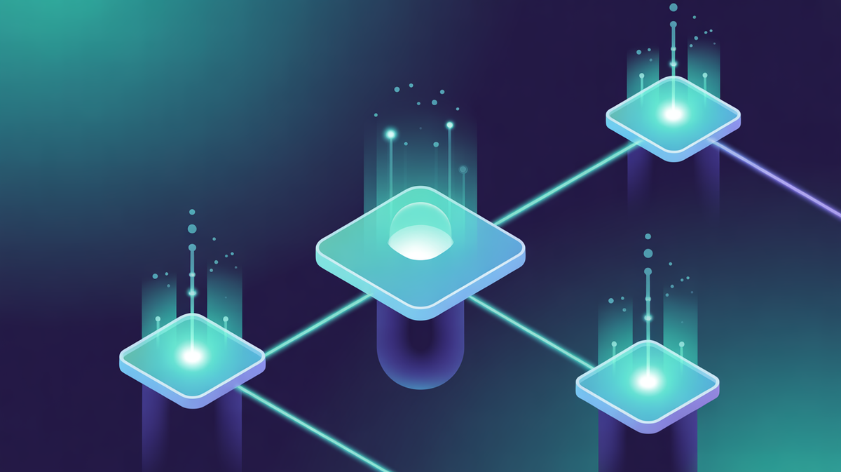 Abstract illustration of enterprise integration patterns with API connections flowing between system blocks