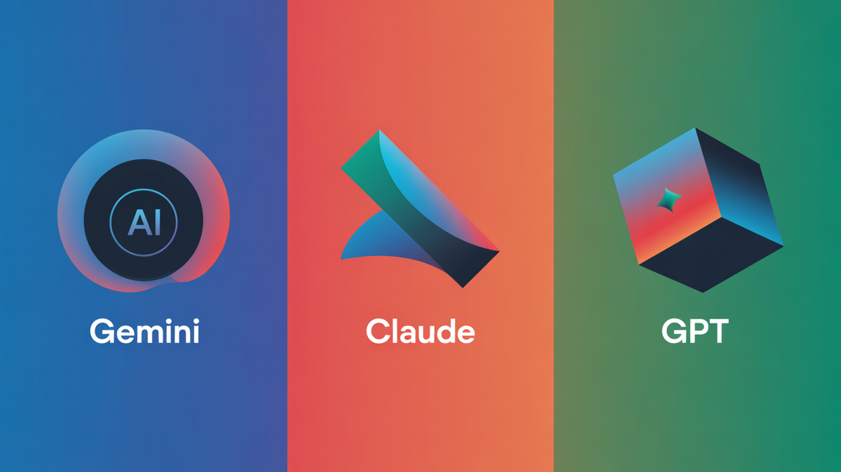 Abstract illustration comparing three AI models in production represented by distinct geometric shapes