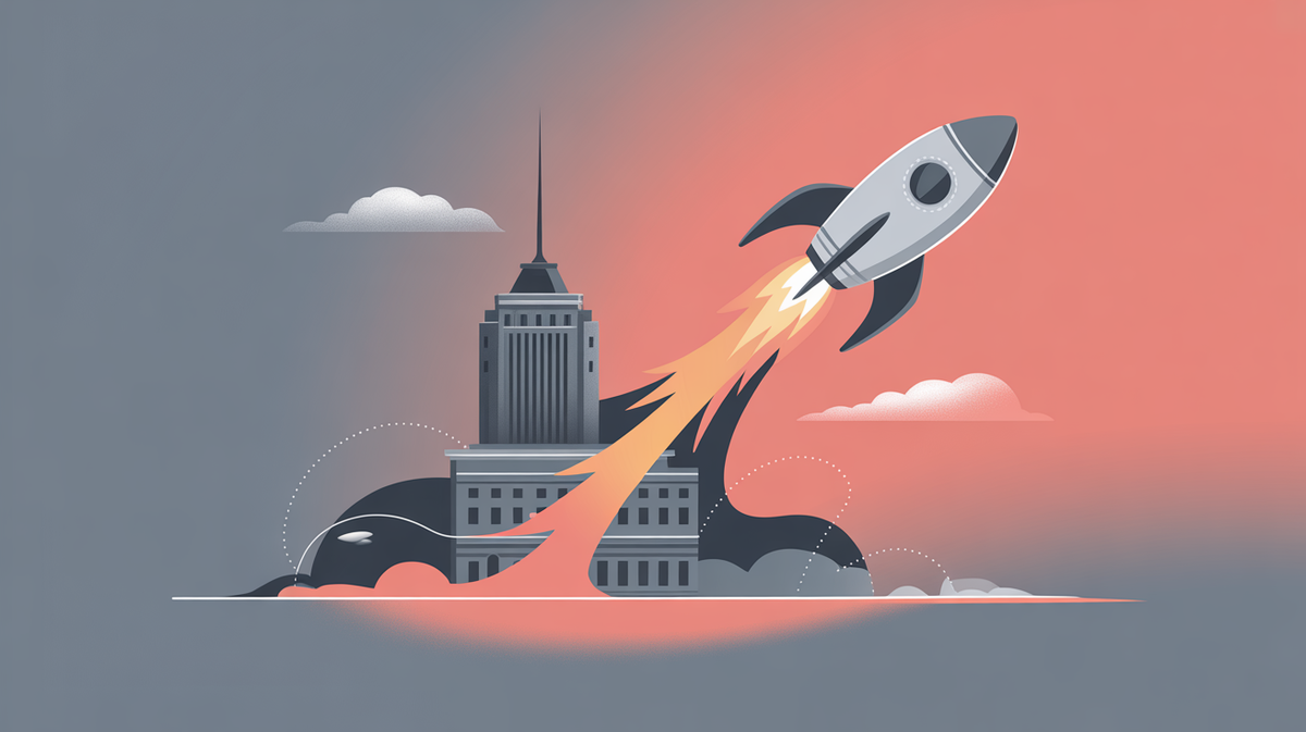 Abstract illustration of career transition from large corporate structure dissolving into agile startup energy