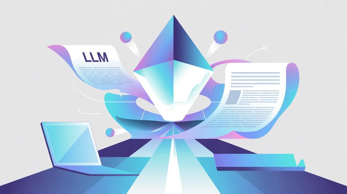 Abstract illustration of documents transforming into structured data through a large language model processing pipeline