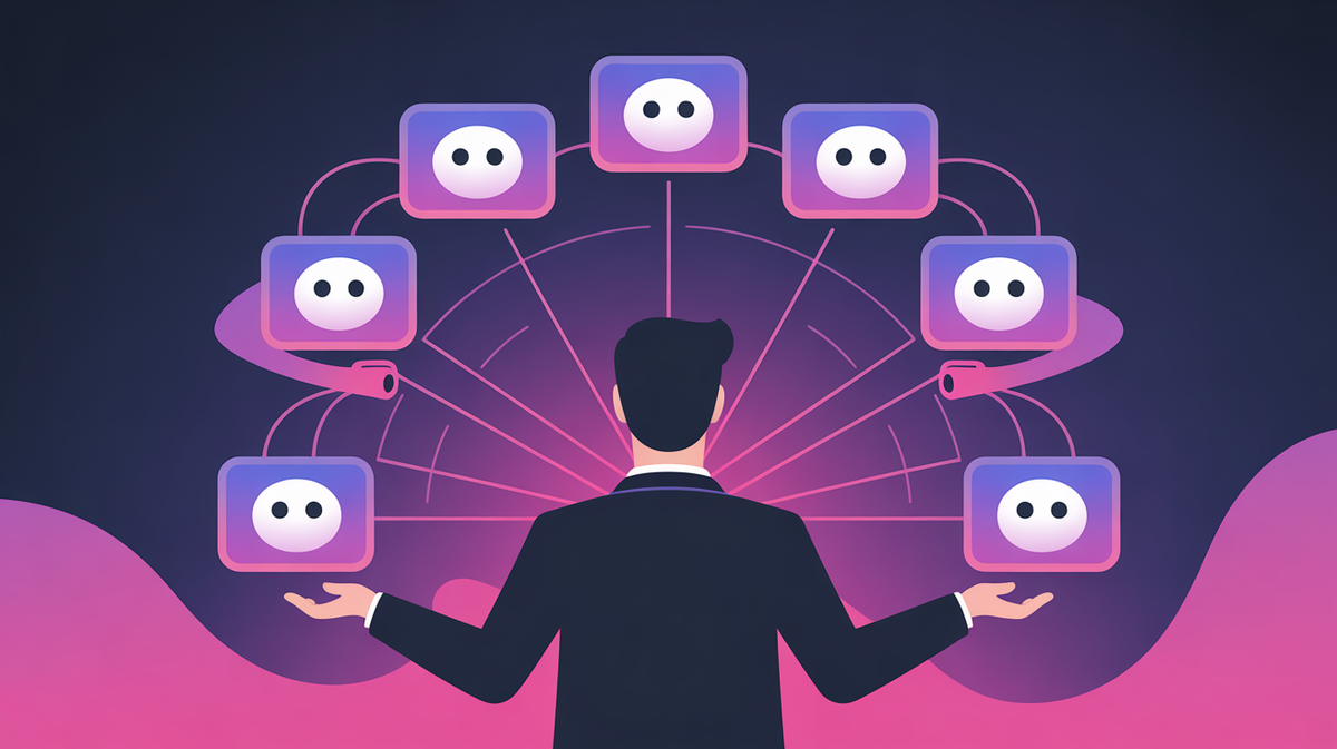 Abstract illustration of non-engineer product manager orchestrating multiple parallel AI agents simultaneously