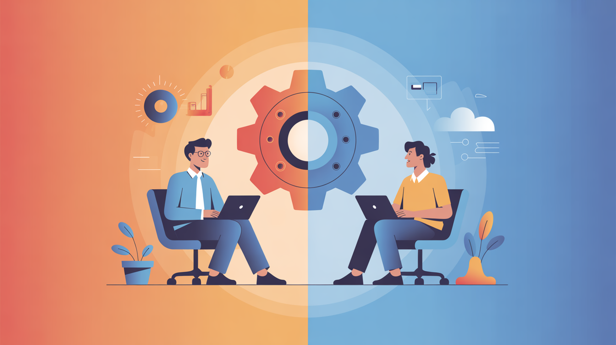 Abstract illustration of product manager and ML engineer collaboration with complementary gears meshing together