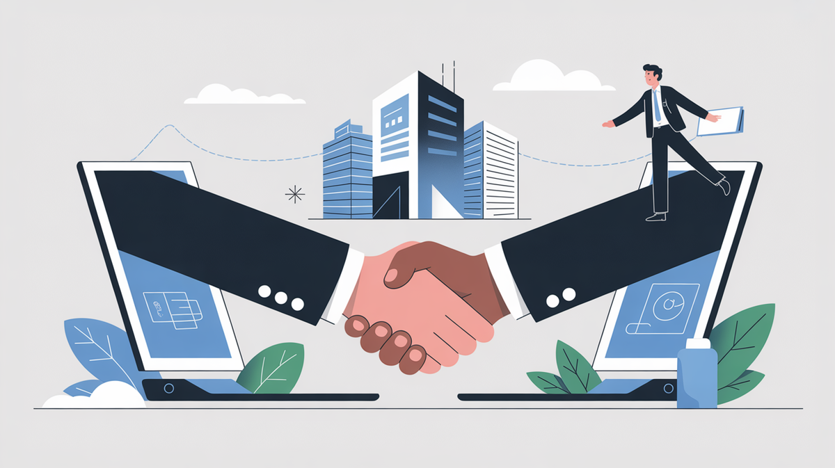 Abstract illustration of a startup meeting an enterprise corporation, representing the enterprise sales journey
