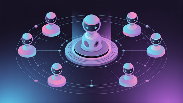 Abstract illustration of agentic AI framework with autonomous agents orbiting a central coordination hub