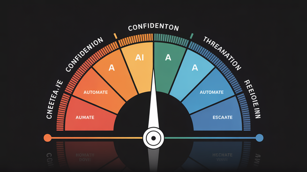 Abstract illustration of AI confidence threshold spectrum between autonomous automation and human escalation zones