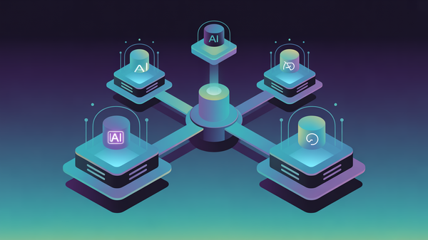 Abstract illustration of multi-provider AI extraction platform with four provider nodes feeding a unified pipeline