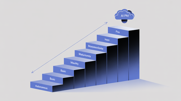 Abstract illustration of AI product management maturity model with ascending stages from basic to autonomous capability